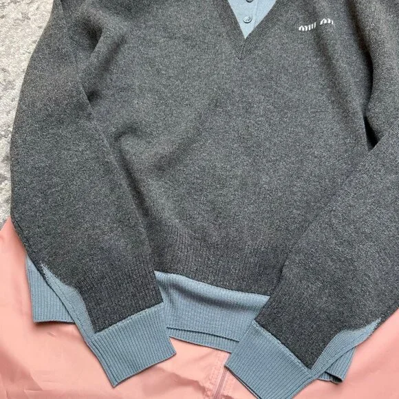 MIUMIU Women's Reversible Polo Collar Embroidered Long-Sleeve Cashmere Sweater - Picture 2 of 3